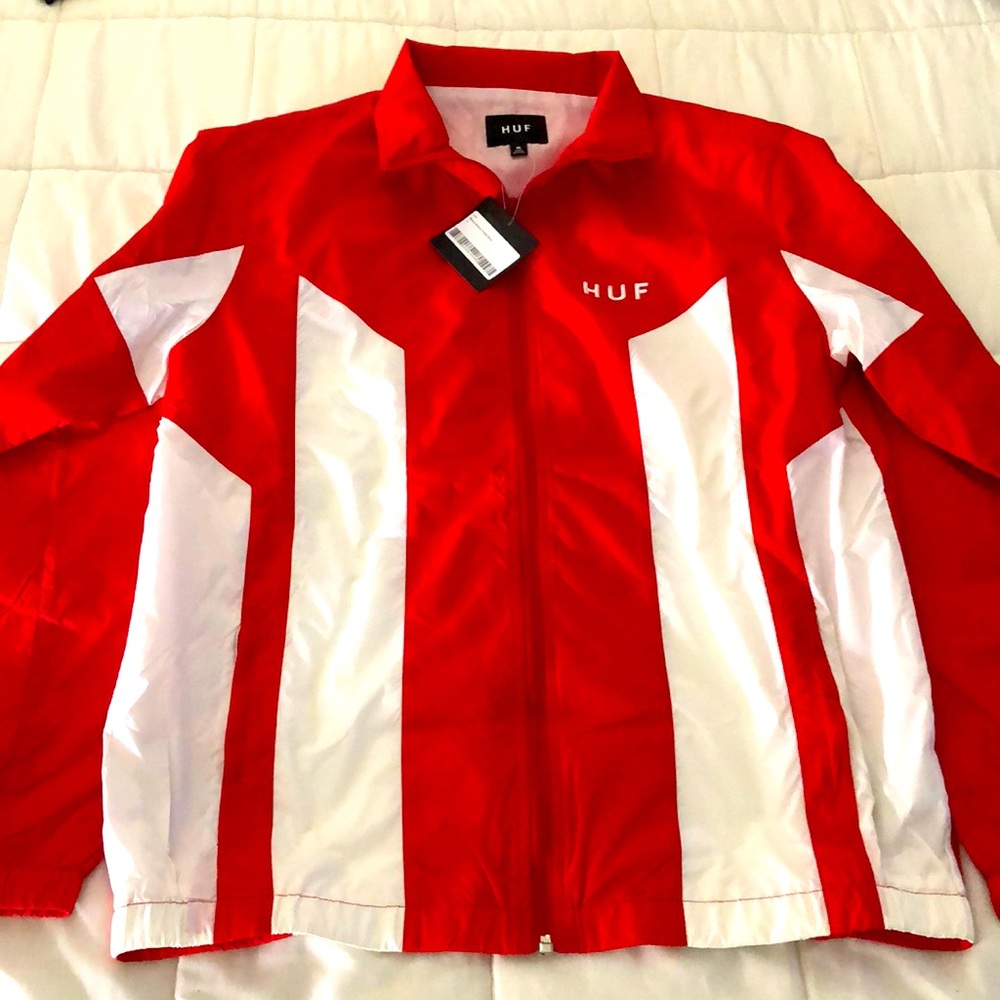 HUF MENS MEDIUM M RED WHITE LIGHTWEIGHT TRACK JACKET NEW WINDBREAKER COAT NWT